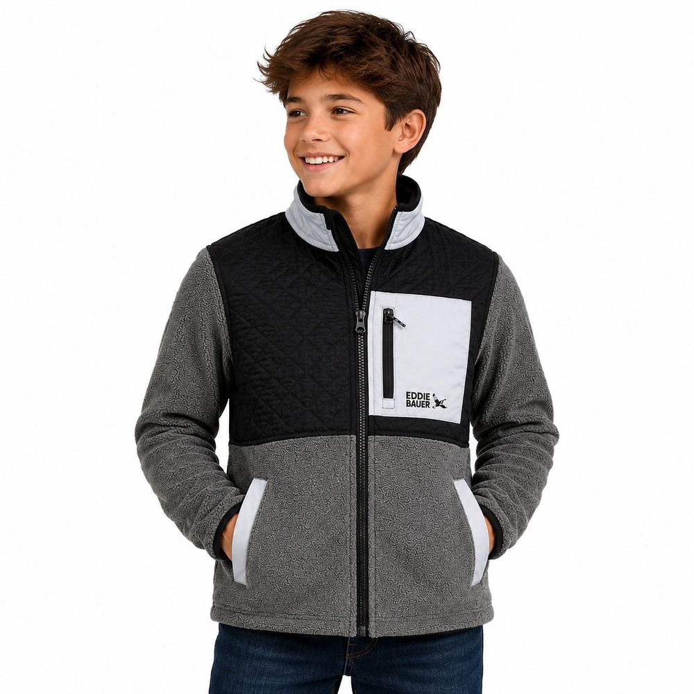 Eddie Bauer Kids Polar Fleece Jacket Boys L‎ 10/12 Charcoal Full Zip Quilted NWT